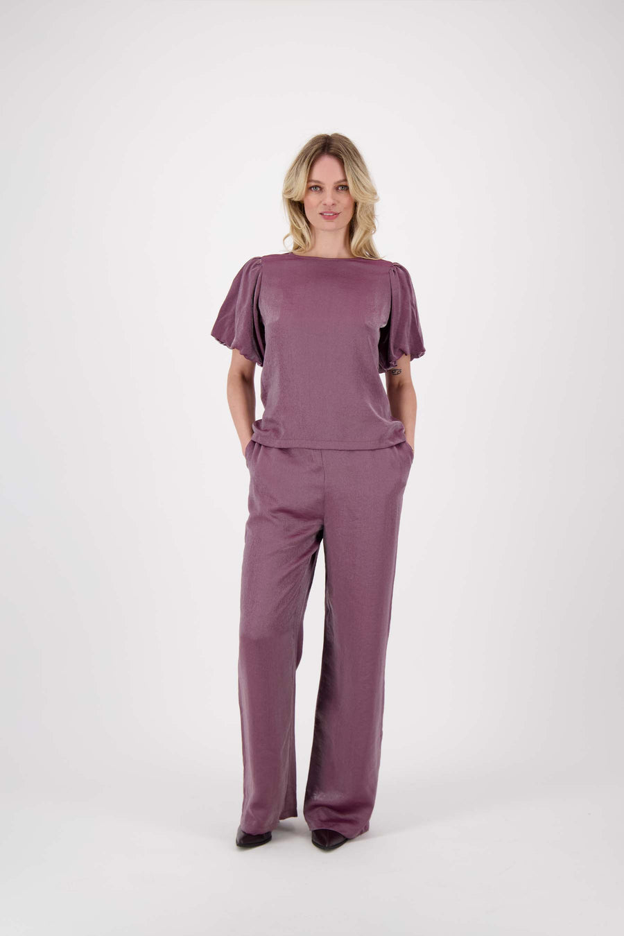 wide satin pants | eggplant