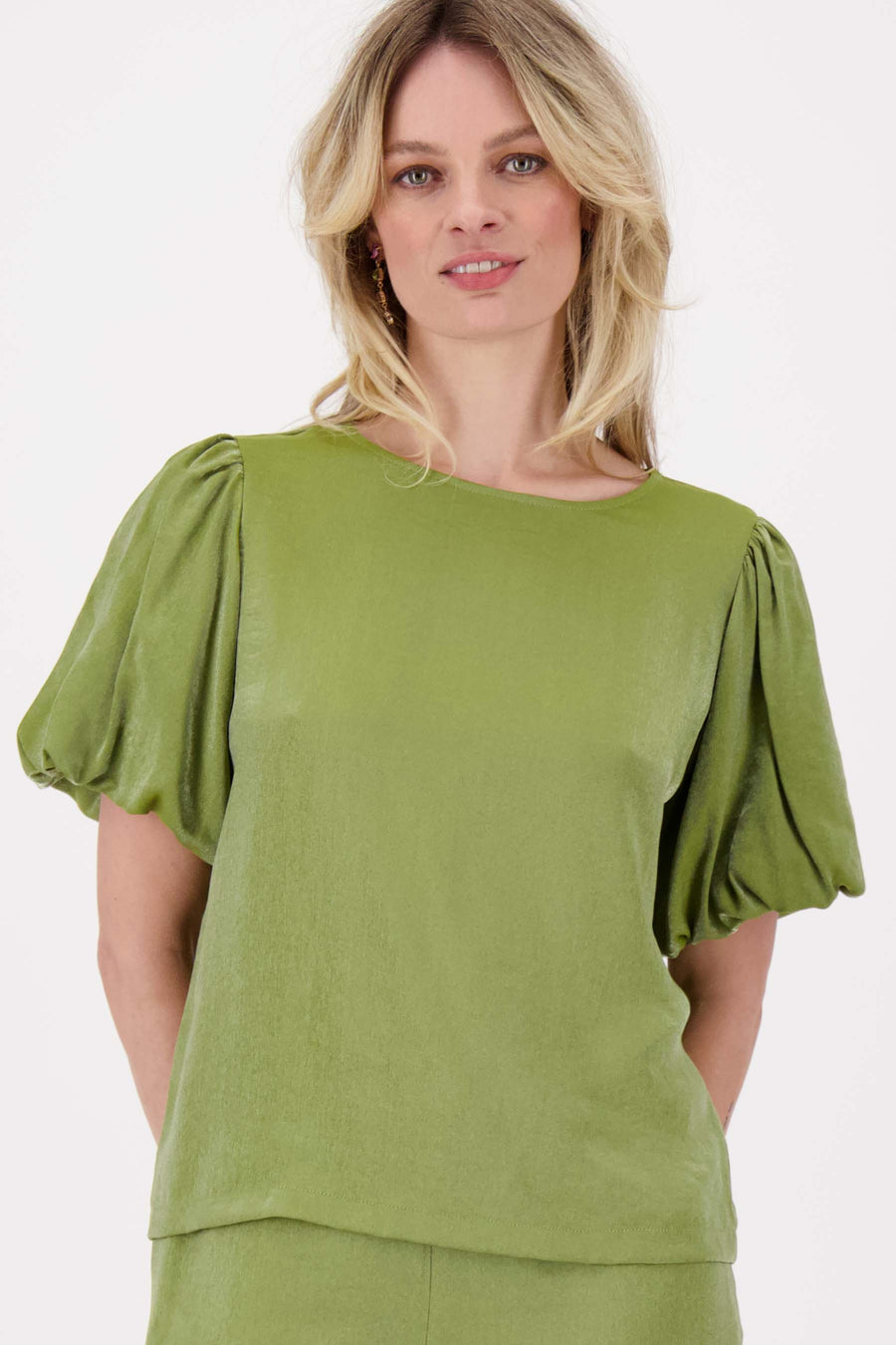 puff-sleeve satin top | avocado