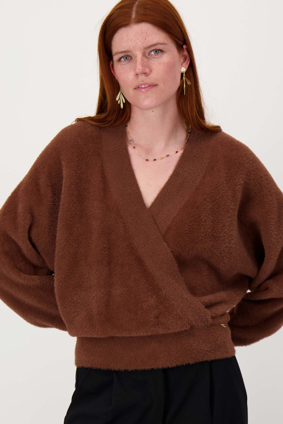wrap sweater in fluffy yarn | mid brown
