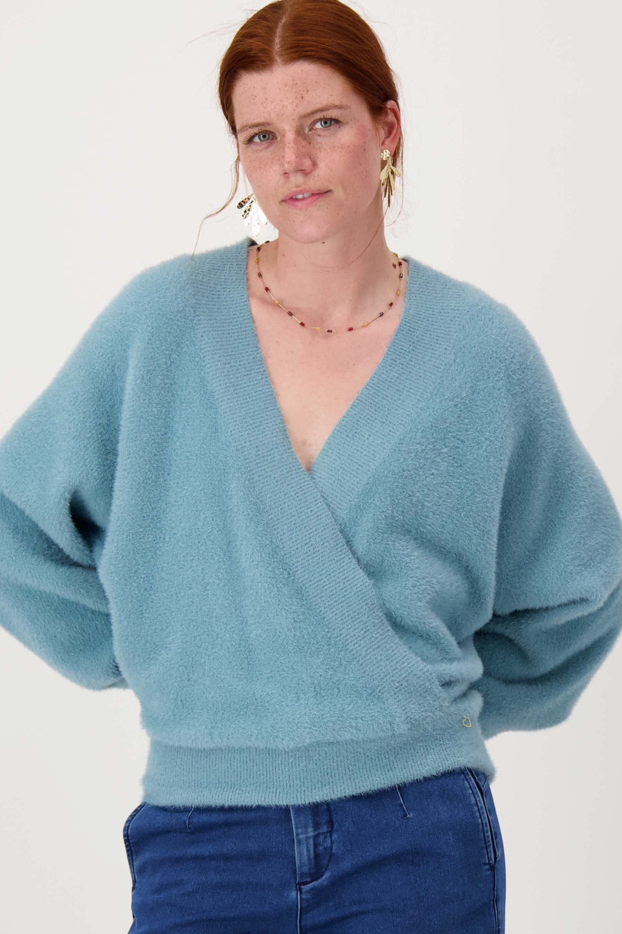 wrap sweater in fluffy yarn | grey blue
