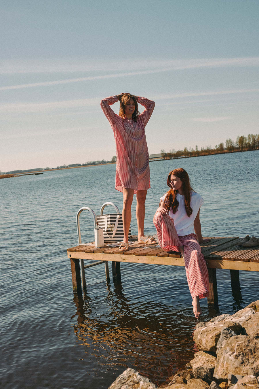 striped blouse dress | red / white