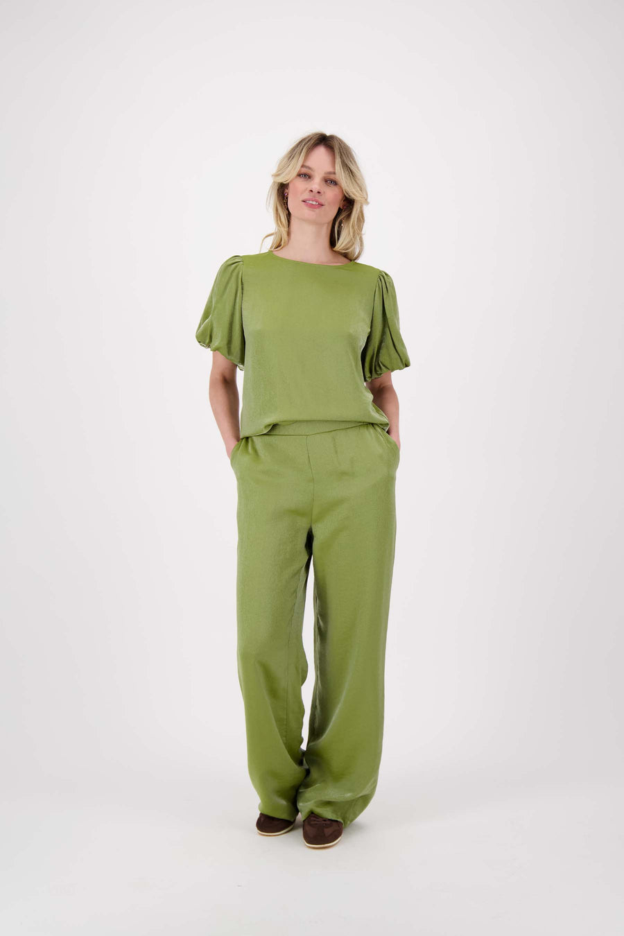 wide satin pants | avocado