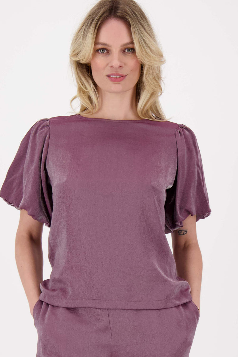 satin top with puff sleeves | eggplant