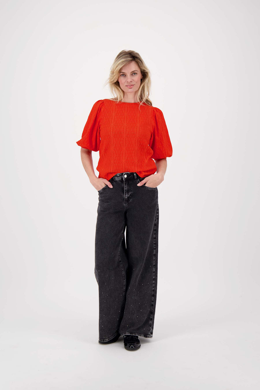 top of broderie short sleeve | orange red