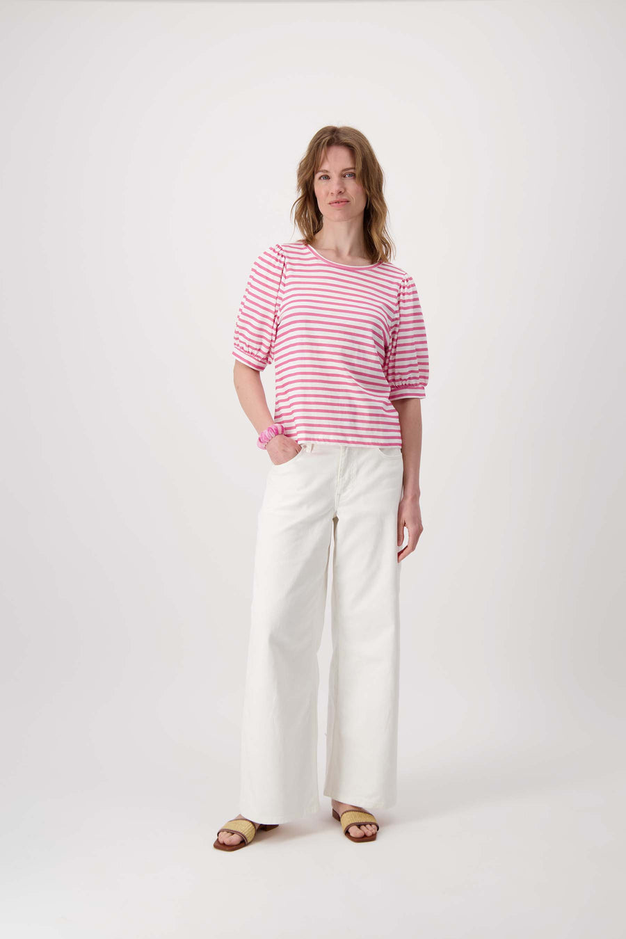 puff sleeve top with stripes | bright pink / white