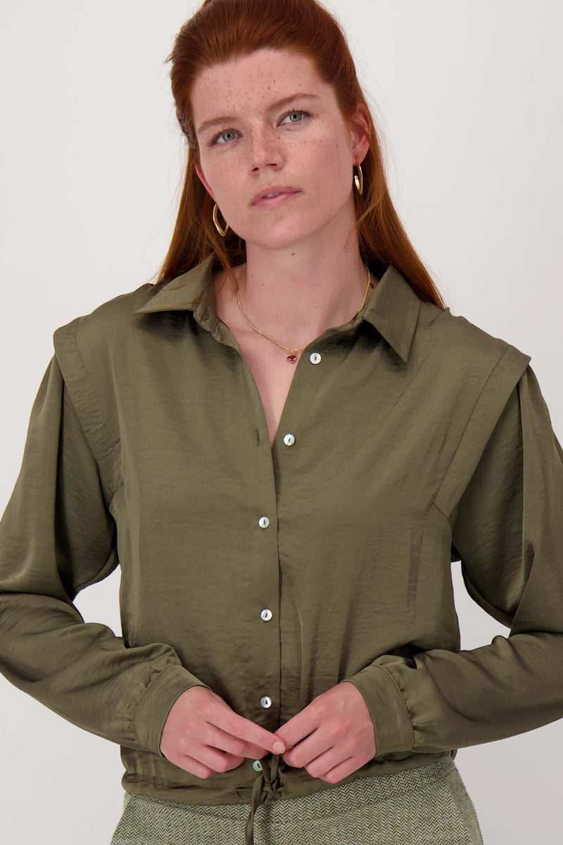 satin blouse with shoulder detail | moss green