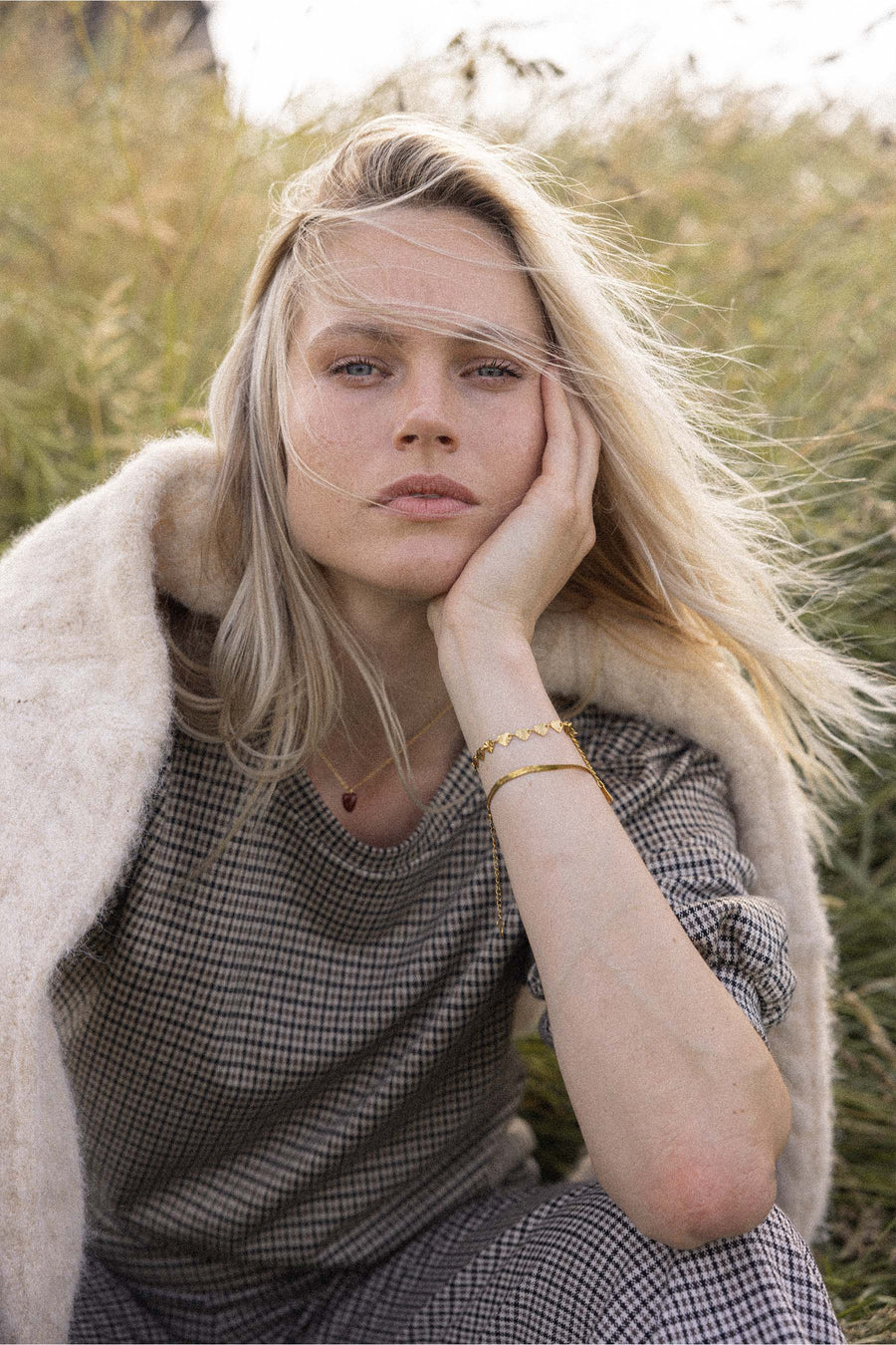 plaid top with puff sleeves | kit / mid brown