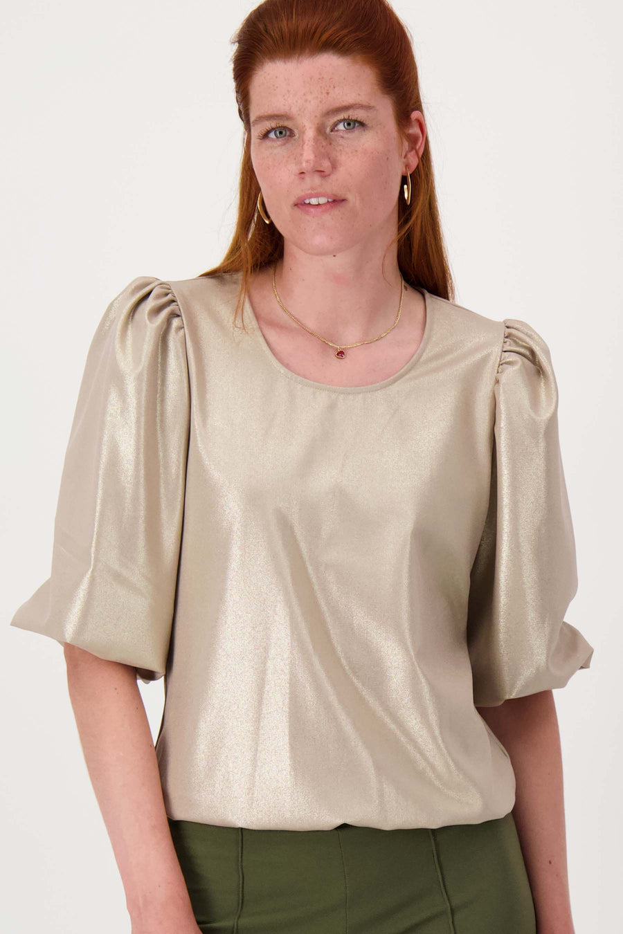 top with puff sleeve lurex | beige