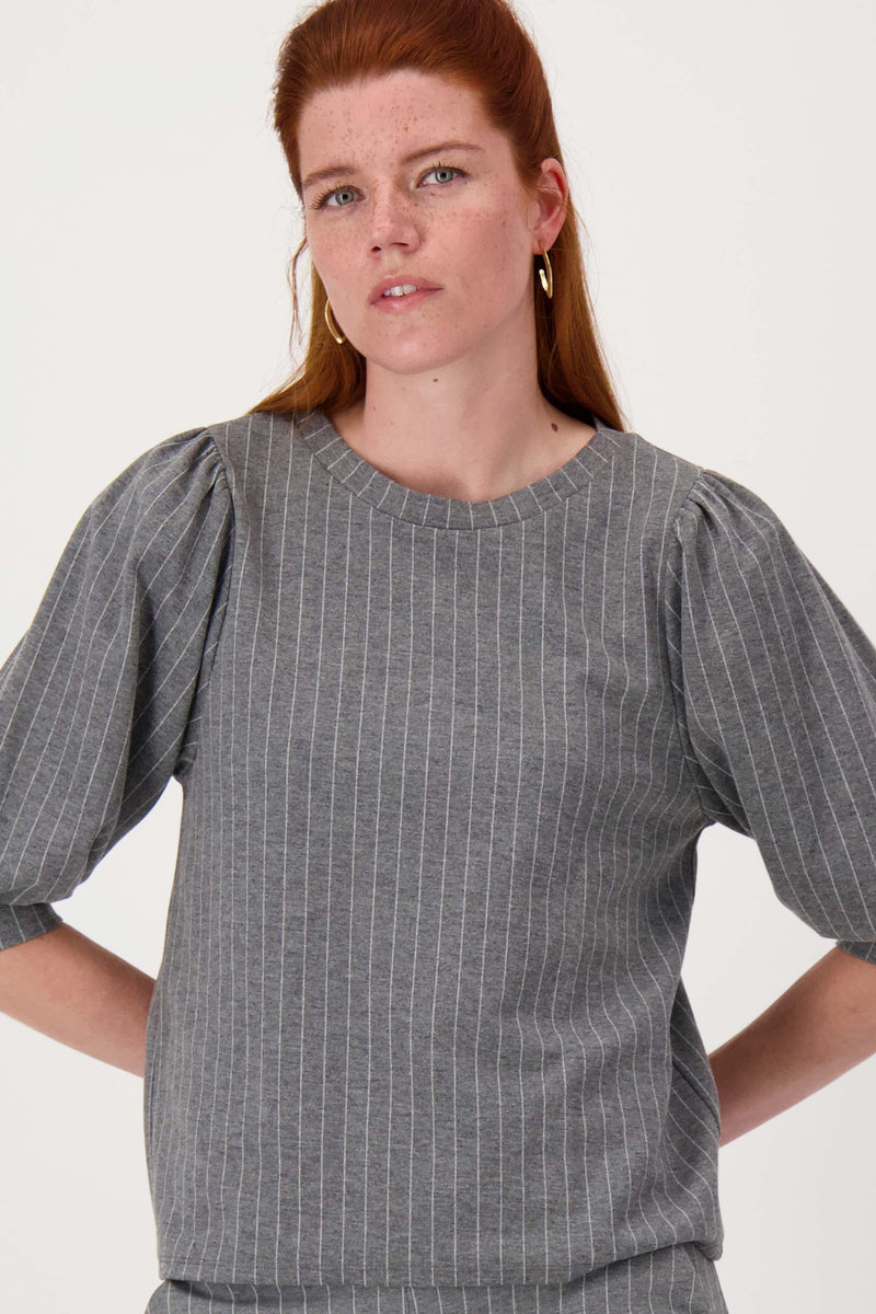 puff sleeve top with pinstripes | charcoal gray