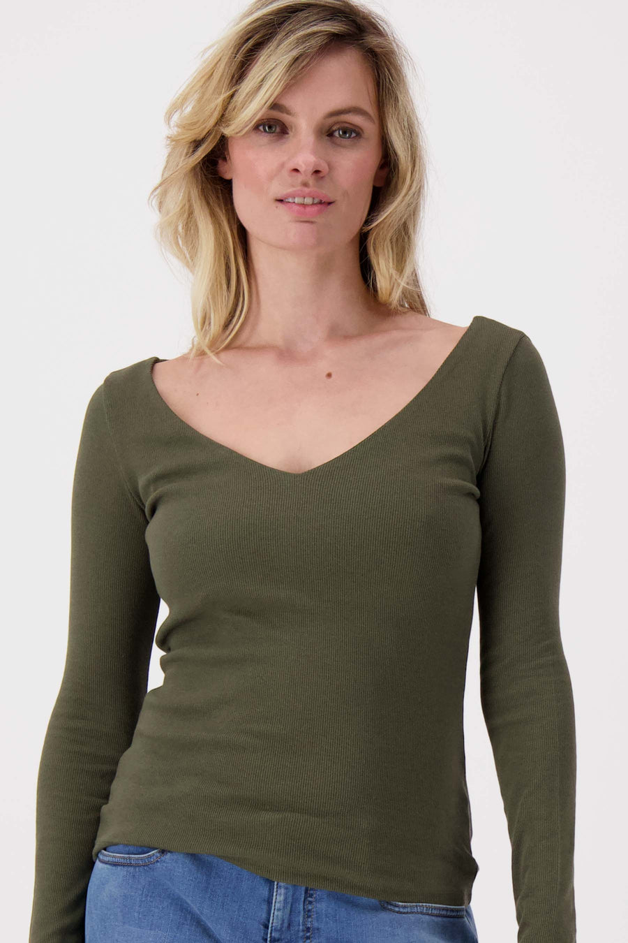 basic rib V neck top with stretch | moss green