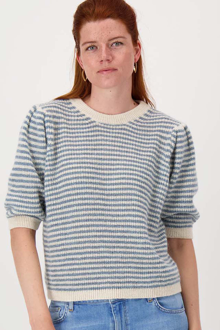 gestreepte trui met contrast ribs | sky blue / off white