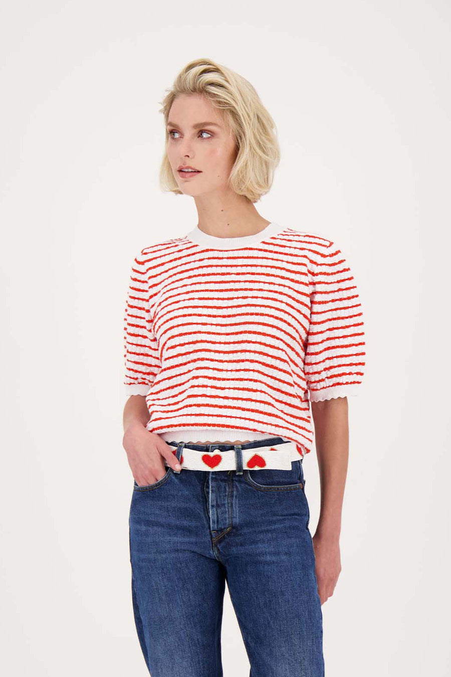 sweater short sleeve with stripe | white / red