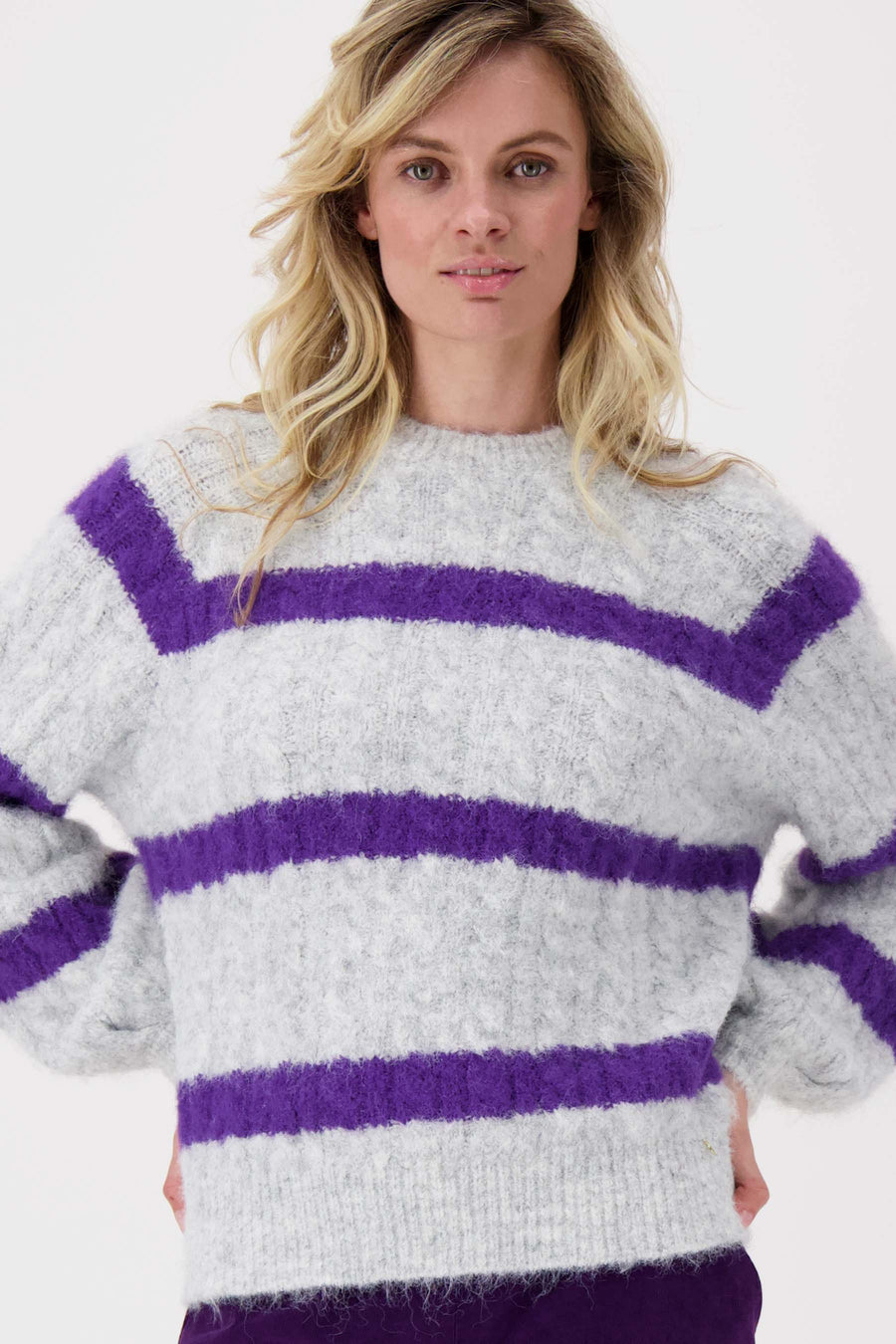 stripe cable sweater with balloon sleeve | mid gray / mid purple