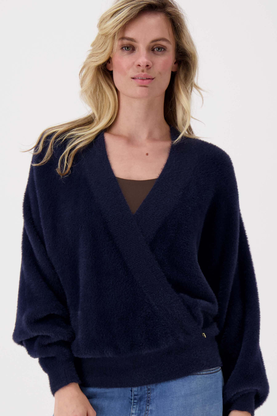 wrap sweater in fluffy yarn | navy