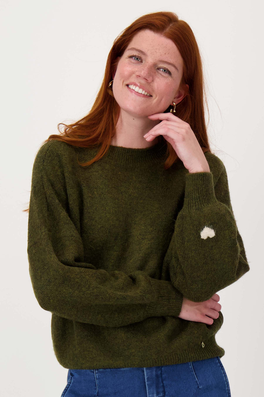 sweater with heart detail | moss green / kit