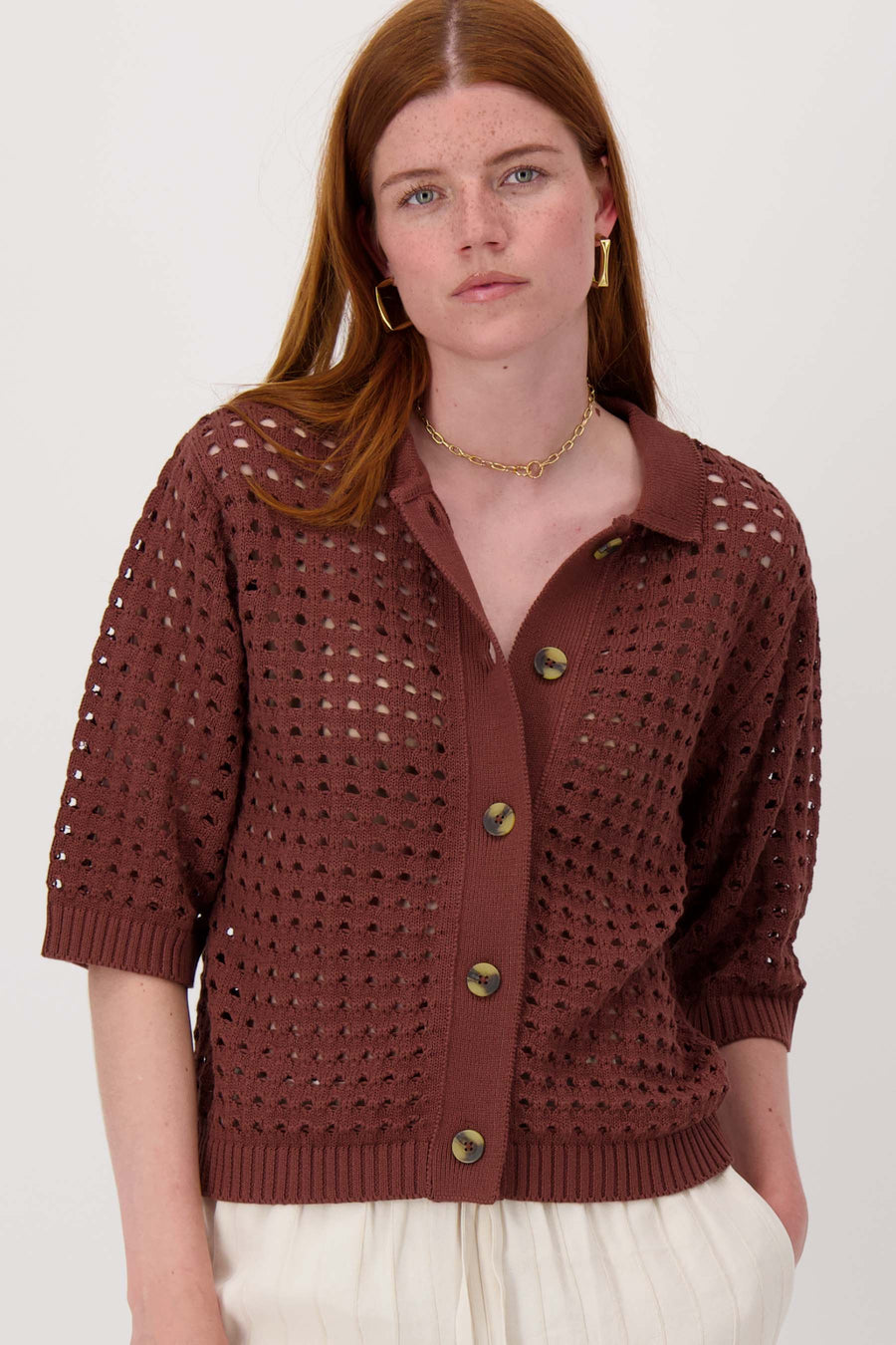 cardigan with polo collar in openwork | mid brown