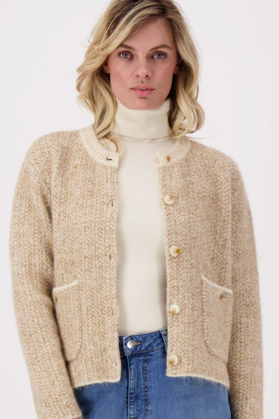 jacquard cardigan with herringbone structure | beige