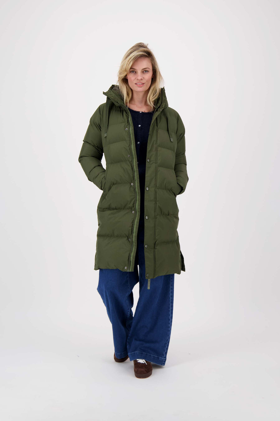 long bubble coat with teddy details | dark green