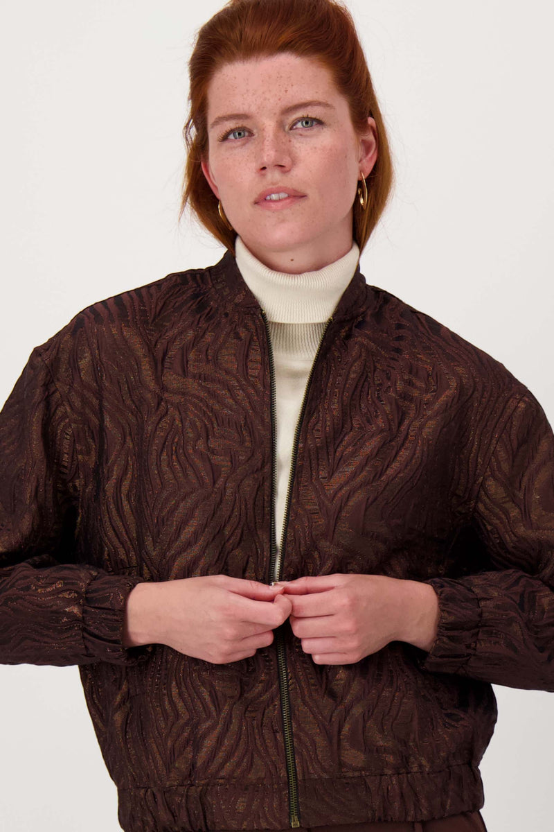 bomber jacket in lurex jaquard fabric | chocolate brown / gold