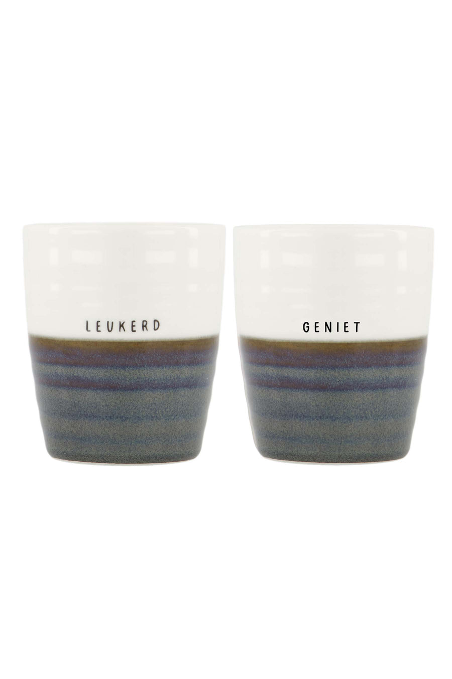 set van 2 koffiemokken geniet/leukerd | wit / grijsblauw
