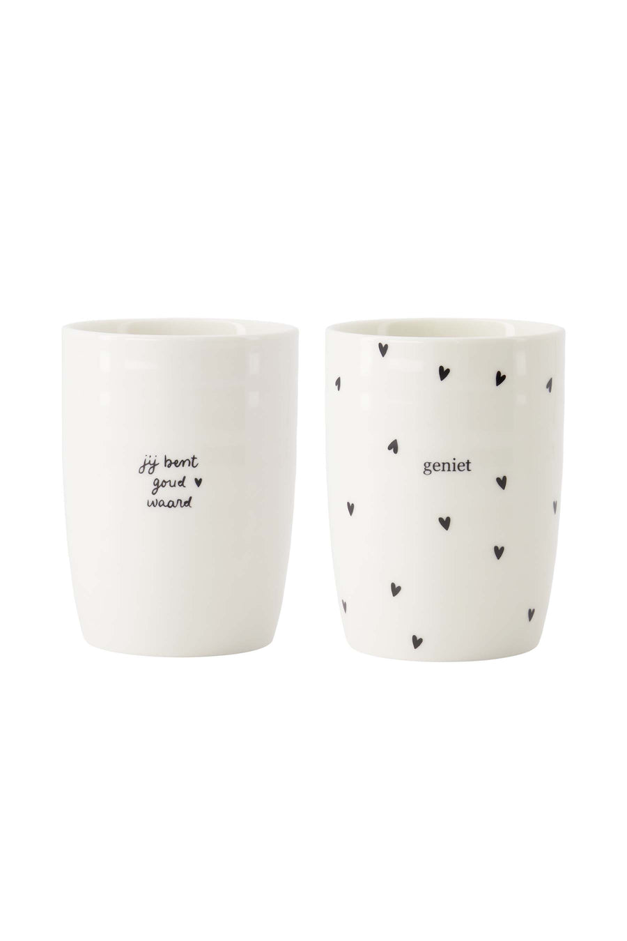 set van 2 koffiemokken jij bent goud waard/geniet | wit / zwart / antracietgrijs
