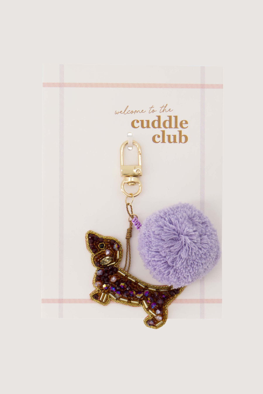 postcard bag hanger pompom dog cuddle club | lilac / brown