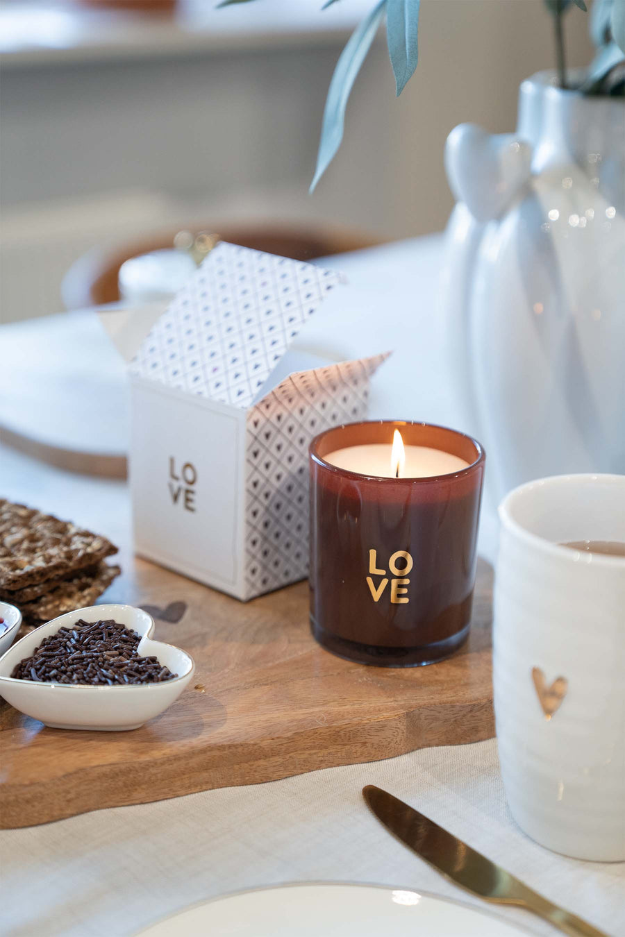 scented candle glass in box love brown | brown