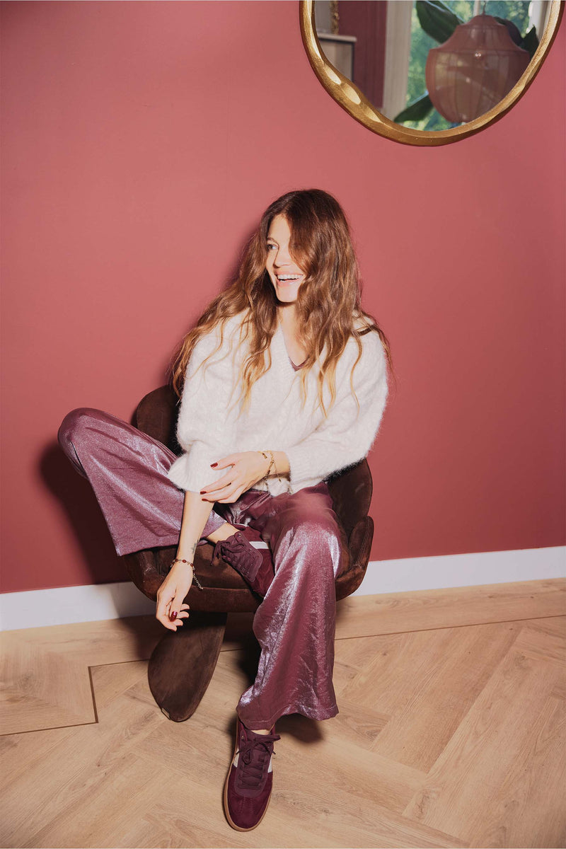 wide satin pants | eggplant