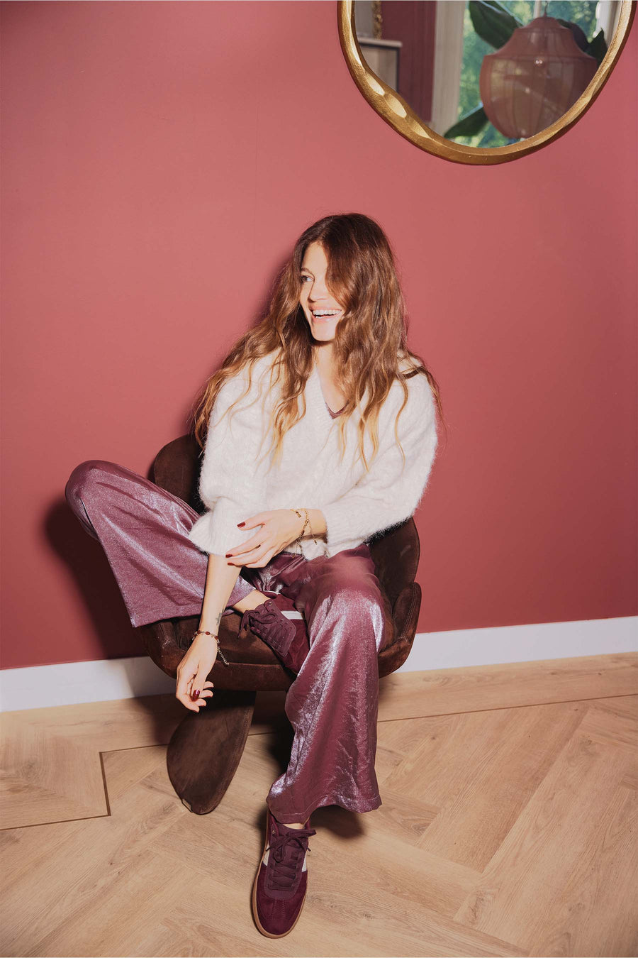 wide satin pants | eggplant