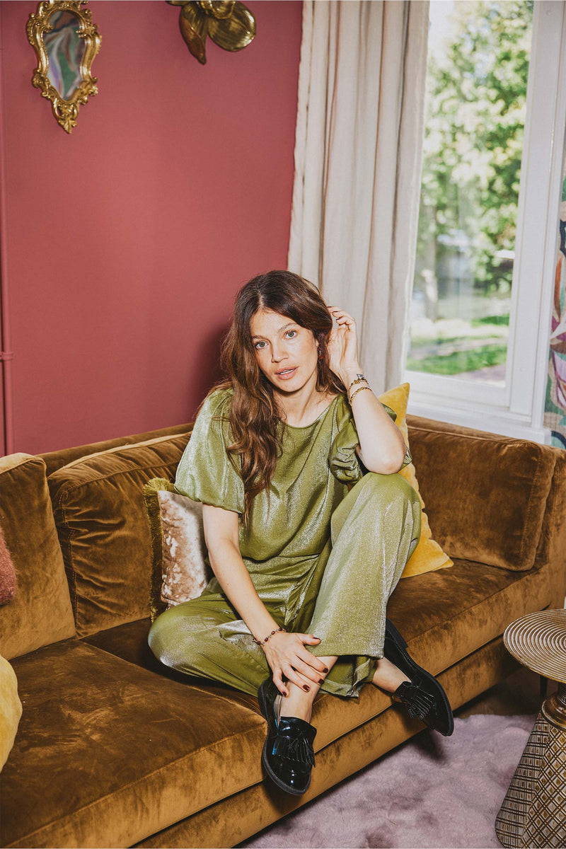 puff-sleeve satin top | avocado